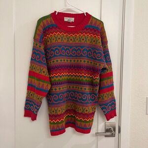 Vintage 80s Lisa Ashley Beaded Holiday Sweater Red Vibrant Eccentric